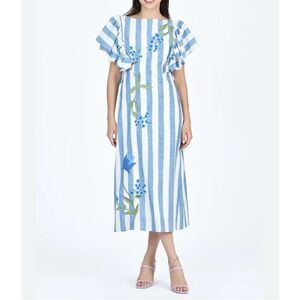 Fanm Mon Blue/White Embroidered Valeria Cotton Dress Size S Ruffle Cottagecore